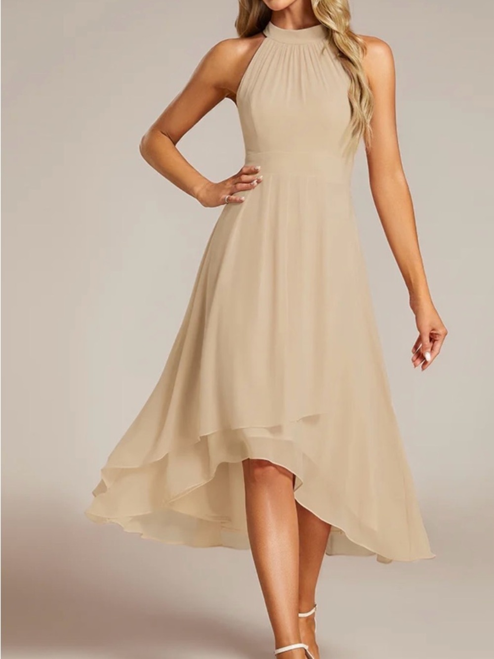 Ever Pretty Nude Blush High-Neck High-Low Chiffon Dress